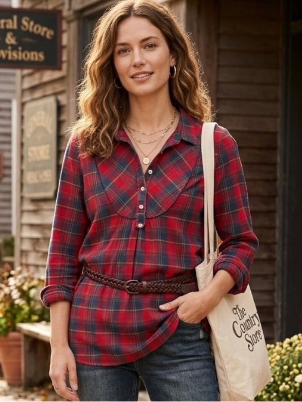 Country Store Vintage Signature Plaid Flannel Shirt Bib-front Popover Cotton XL